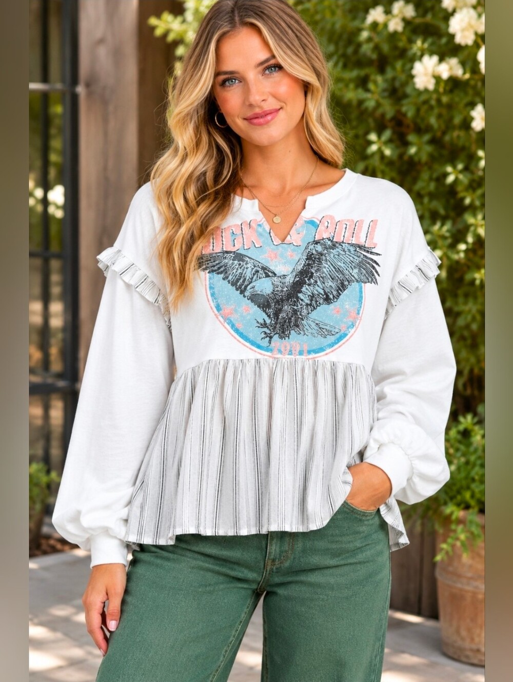 New!! Umgee Rock Graphic Tee Babydoll Blouse, Sz Large, NWT